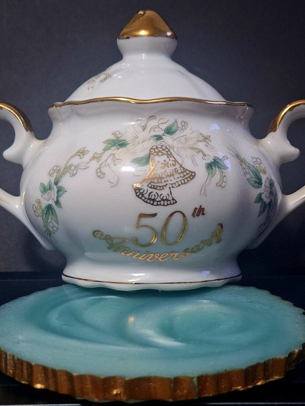Vintage Lefton 50th Anniversary Porcelain Sugar Bowl with Gold Trim